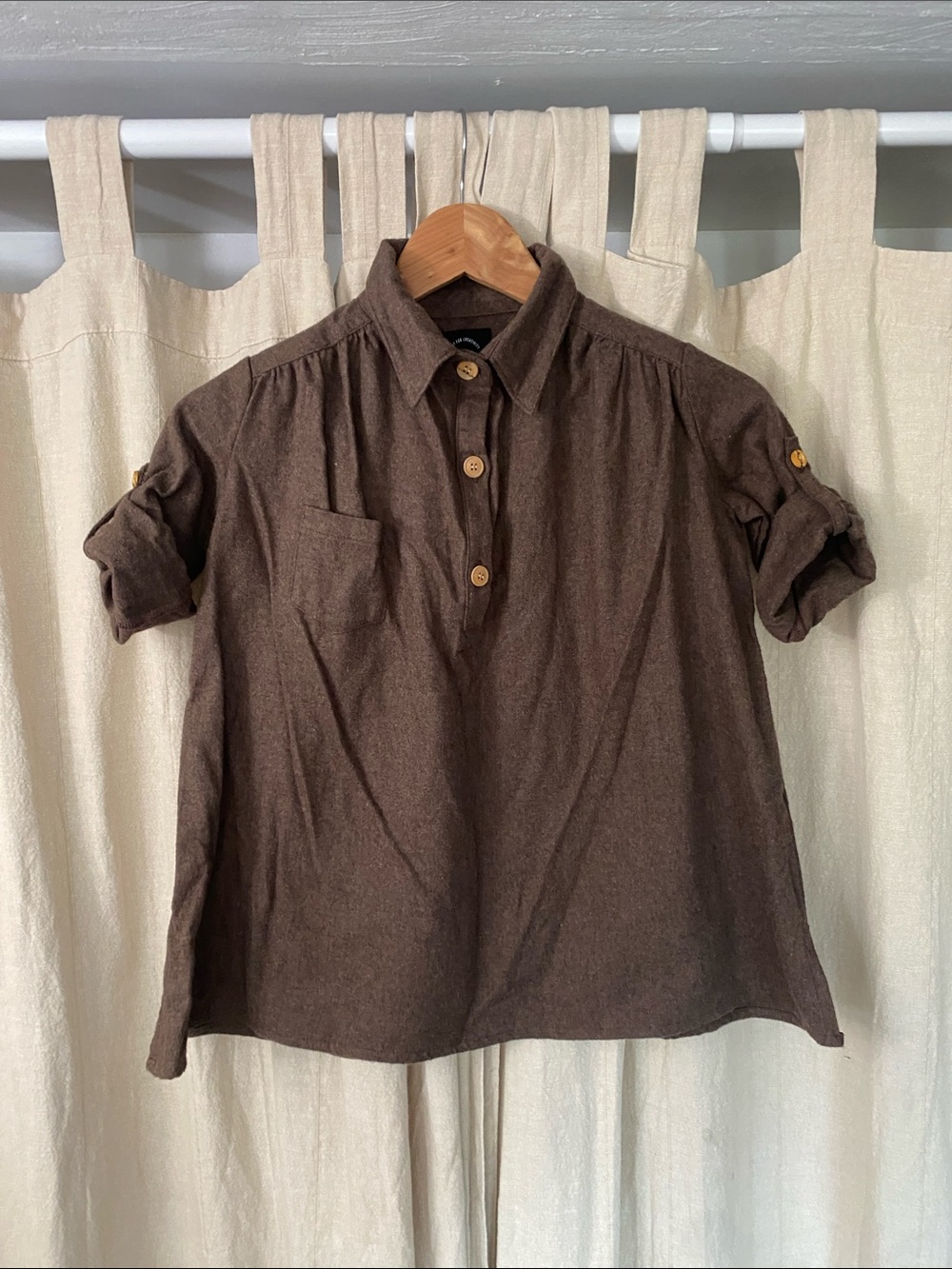 Girls' Brown Button-Front Cotton Flannel Blouse